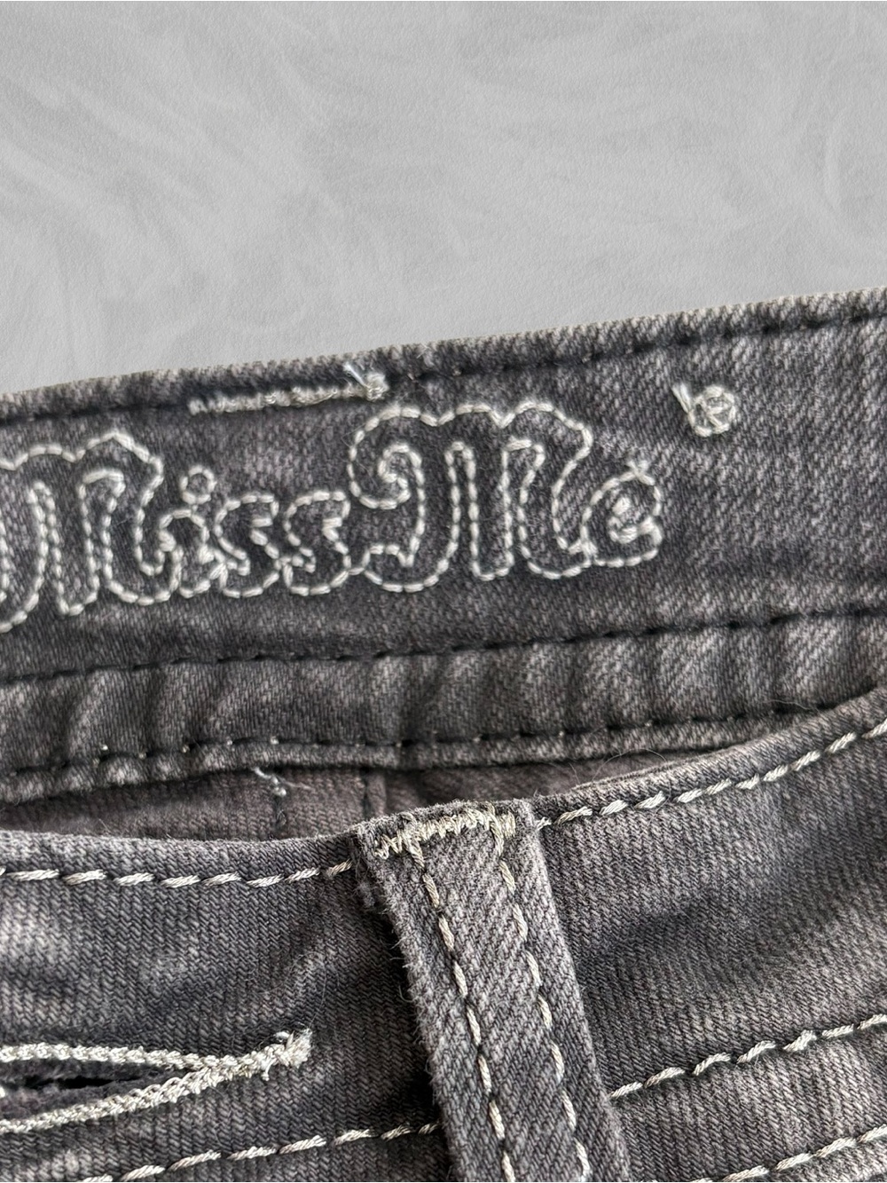 Miss Me Gray Denim Jeggings with White Embroidered Logo